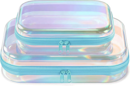 Clear Hard Shell Zipper Case, 2 Pack TSA-Approved Travel Toiletry Bag, Waterproof Cosmetic Bag, CLear Diaper Bag, Hair Tool Organizer, Toy Storage Bin,Travel Makeup Bag & Travel Essential (Pink)