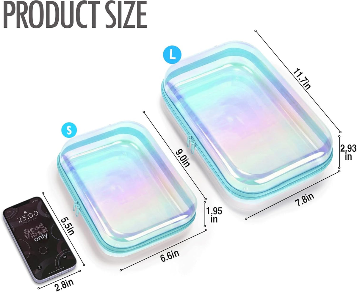 Clear Hard Shell Zipper Case, 2 Pack TSA-Approved Travel Toiletry Bag, Waterproof Cosmetic Bag, CLear Diaper Bag, Hair Tool Organizer, Toy Storage Bin,Travel Makeup Bag & Travel Essential (Pink)
