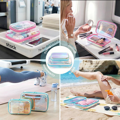 Clear Hard Shell Zipper Case, 2 Pack TSA-Approved Travel Toiletry Bag, Waterproof Cosmetic Bag, CLear Diaper Bag, Hair Tool Organizer, Toy Storage Bin,Travel Makeup Bag & Travel Essential (Pink)