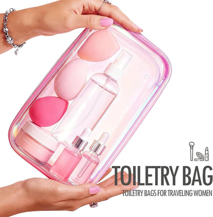 Clear Hard Shell Zipper Case, 2 Pack TSA-Approved Travel Toiletry Bag, Waterproof Cosmetic Bag, CLear Diaper Bag, Hair Tool Organizer, Toy Storage Bin,Travel Makeup Bag & Travel Essential (Pink)