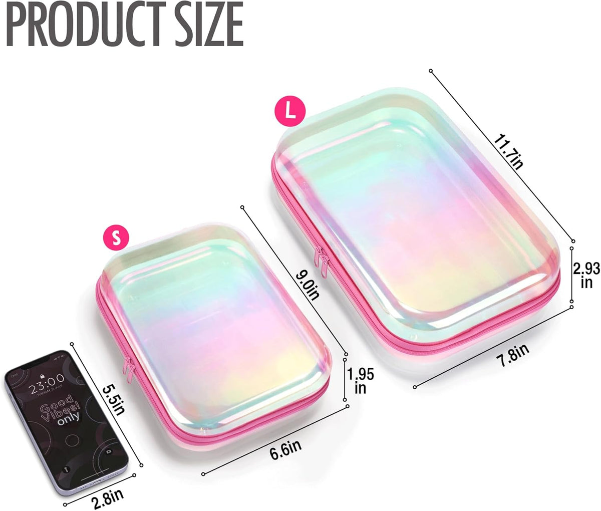 Clear Hard Shell Zipper Case, 2 Pack TSA-Approved Travel Toiletry Bag, Waterproof Cosmetic Bag, CLear Diaper Bag, Hair Tool Organizer, Toy Storage Bin,Travel Makeup Bag & Travel Essential (Pink)