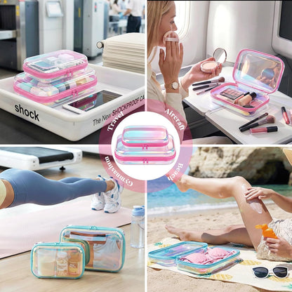 Clear Hard Shell Zipper Case, 2 Pack TSA-Approved Travel Toiletry Bag, Waterproof Cosmetic Bag, CLear Diaper Bag, Hair Tool Organizer, Toy Storage Bin,Travel Makeup Bag & Travel Essential (Pink)