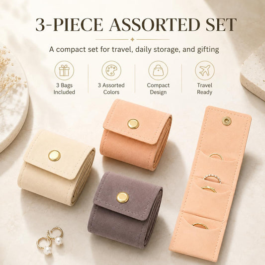 3Pcs Mini Travel Jewelry Bag with Buckle,Small Travel Jewelry Organizer Case,Foldable Jewelry Roll for Journey Rings, Necklaces, Earrings, Bracelets-Lightweight Jewelry Storage Organizer