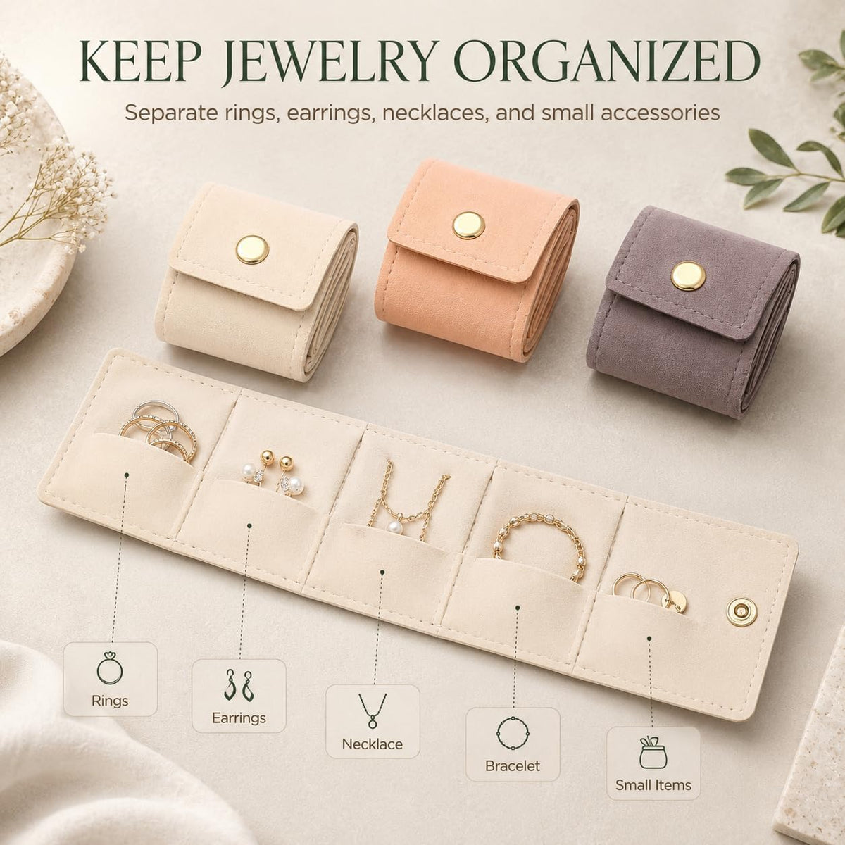 3Pcs Mini Travel Jewelry Bag with Buckle,Small Travel Jewelry Organizer Case,Foldable Jewelry Roll for Journey Rings, Necklaces, Earrings, Bracelets-Lightweight Jewelry Storage Organizer