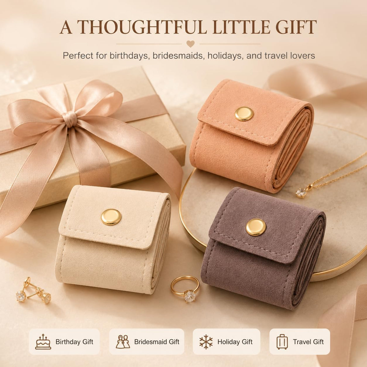 3Pcs Mini Travel Jewelry Bag with Buckle,Small Travel Jewelry Organizer Case,Foldable Jewelry Roll for Journey Rings, Necklaces, Earrings, Bracelets-Lightweight Jewelry Storage Organizer