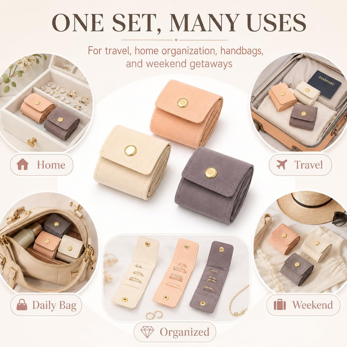 3Pcs Mini Travel Jewelry Bag with Buckle,Small Travel Jewelry Organizer Case,Foldable Jewelry Roll for Journey Rings, Necklaces, Earrings, Bracelets-Lightweight Jewelry Storage Organizer