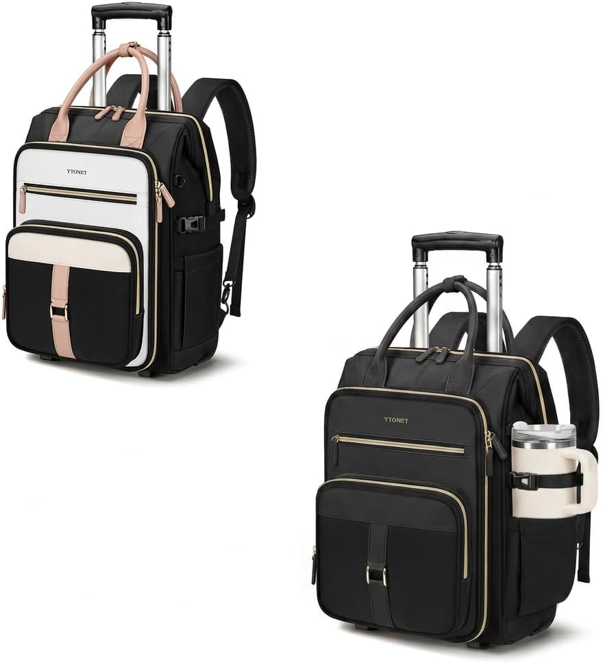 Rolling Backpack for Women,15.6 Inch Travel Backpack with Wheels, Stylish Rolling Laptop Bag with Passport Holder, Dual-Opening Design, Underseat Carry on Luggage for Work College Teacher