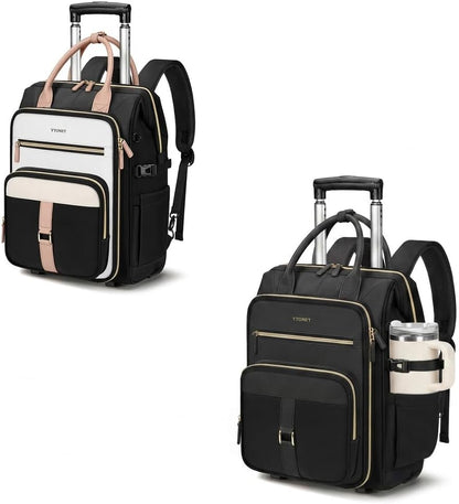 Rolling Backpack for Women,15.6 Inch Travel Backpack with Wheels, Stylish Rolling Laptop Bag with Passport Holder, Dual-Opening Design, Underseat Carry on Luggage for Work College Teacher