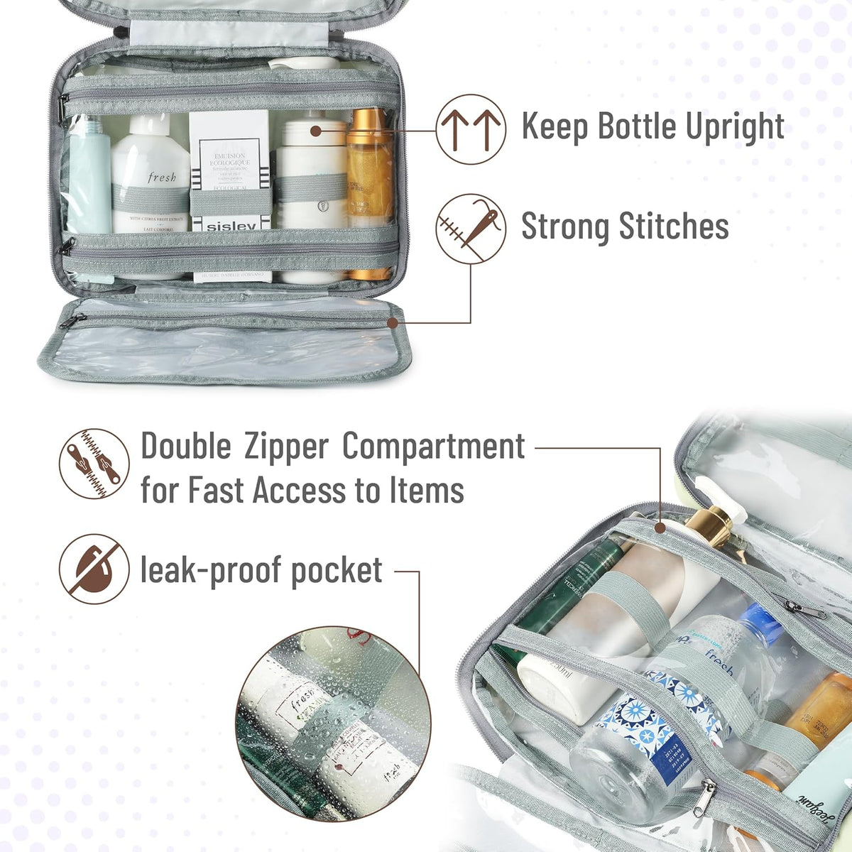 Travel Toiletry Bag Organizers, Black | Makeup Travel Bag for Toiletries with Hanging Hook, Water-Resistant