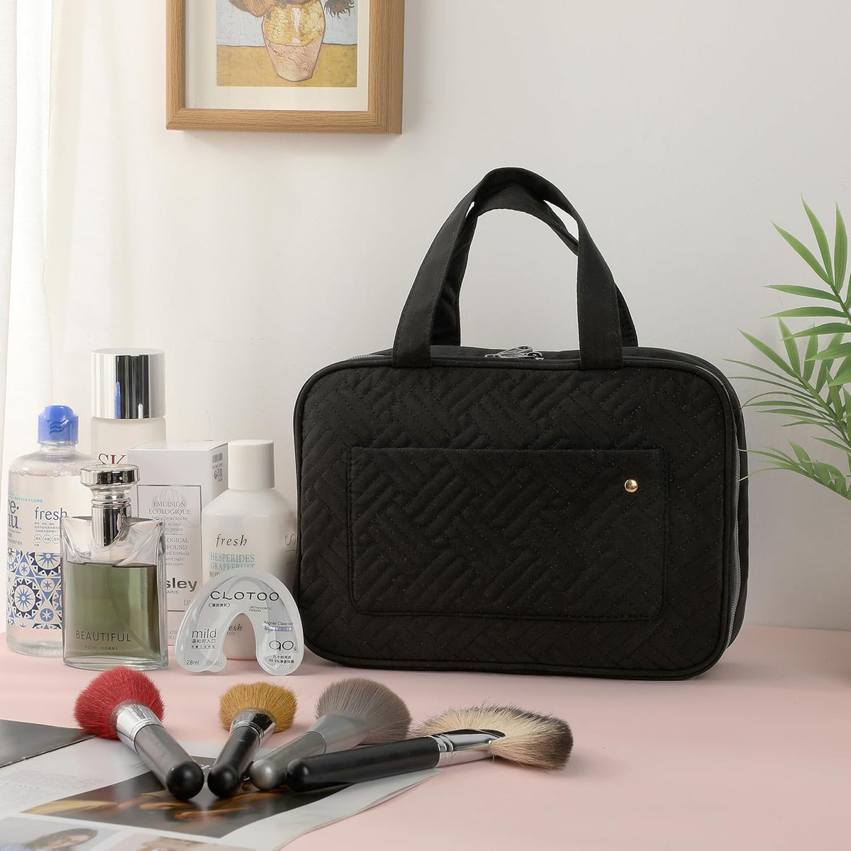 Travel Toiletry Bag Organizers, Black | Makeup Travel Bag for Toiletries with Hanging Hook, Water-Resistant