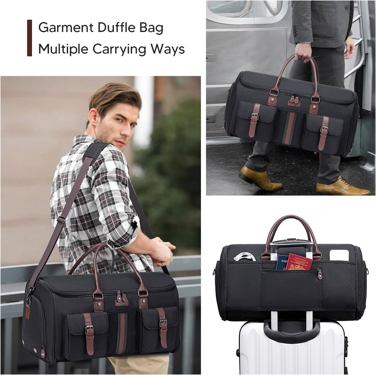 Carry on Garment Bag, 2 in 1 Duffle Bag for Travel Convertible Garment Duffel Bags for Men Women Inner Dry/Wet Compartment Suit Bag Travel with Shoe Compartment Bussiness Weekender Trip,Black