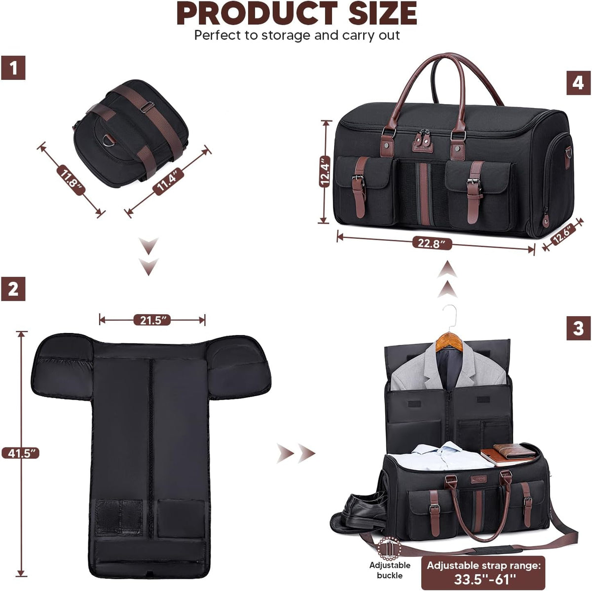 Carry on Garment Bag, 2 in 1 Duffle Bag for Travel Convertible Garment Duffel Bags for Men Women Inner Dry/Wet Compartment Suit Bag Travel with Shoe Compartment Bussiness Weekender Trip,Black