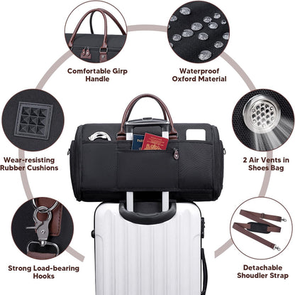 Carry on Garment Bag, 2 in 1 Duffle Bag for Travel Convertible Garment Duffel Bags for Men Women Inner Dry/Wet Compartment Suit Bag Travel with Shoe Compartment Bussiness Weekender Trip,Black