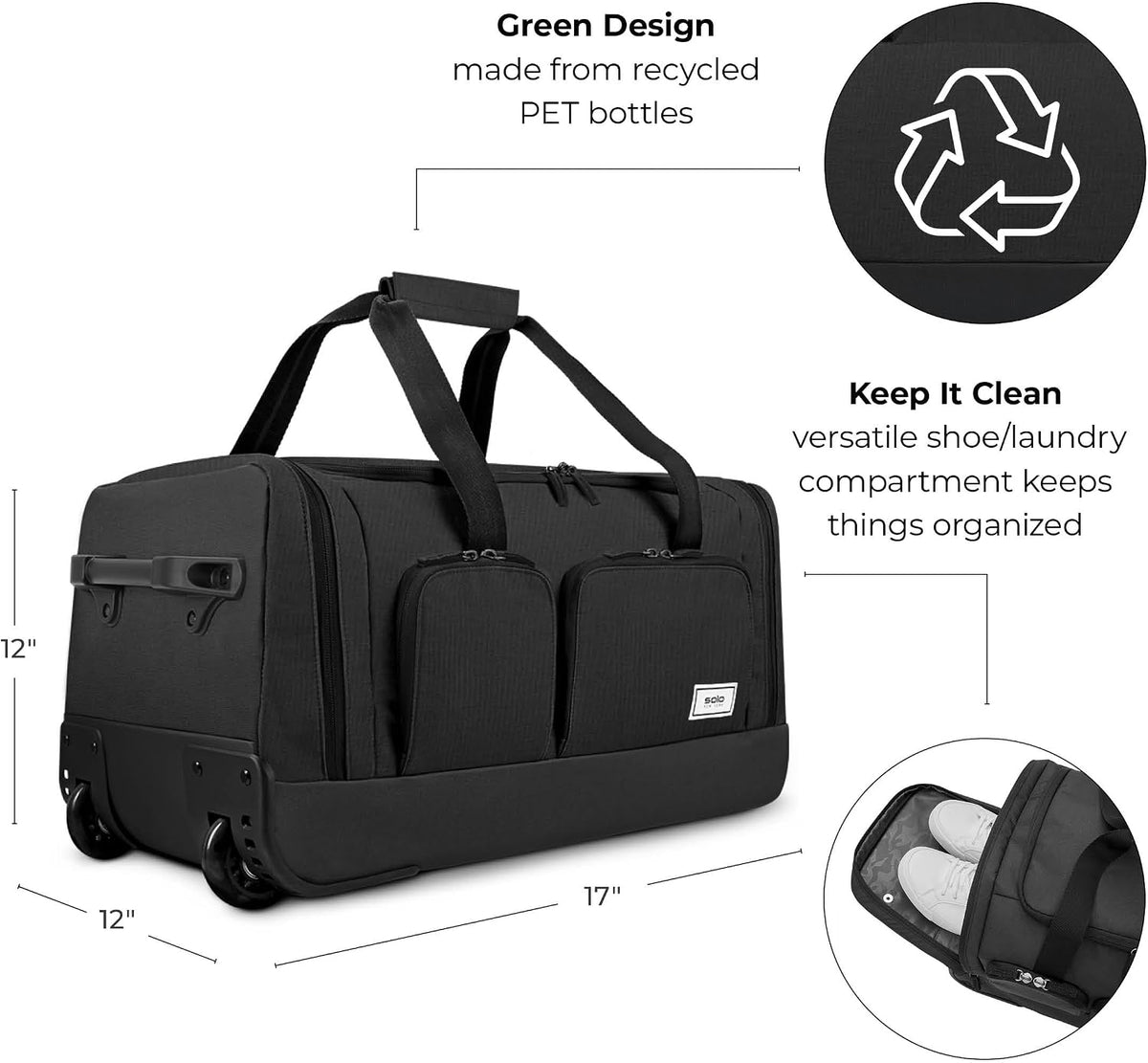 Rolling Duffle Bag with Wheels - Wheeled Carry On Luggage for Travel, Roller Duffel for Men & Women, Telescoping Handle System, Separate Shoe & Laundry Compartment - Leroy, Gray