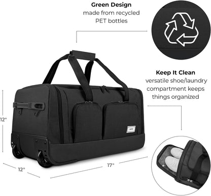 Rolling Duffle Bag with Wheels - Wheeled Carry On Luggage for Travel, Roller Duffel for Men & Women, Telescoping Handle System, Separate Shoe & Laundry Compartment - Leroy, Gray