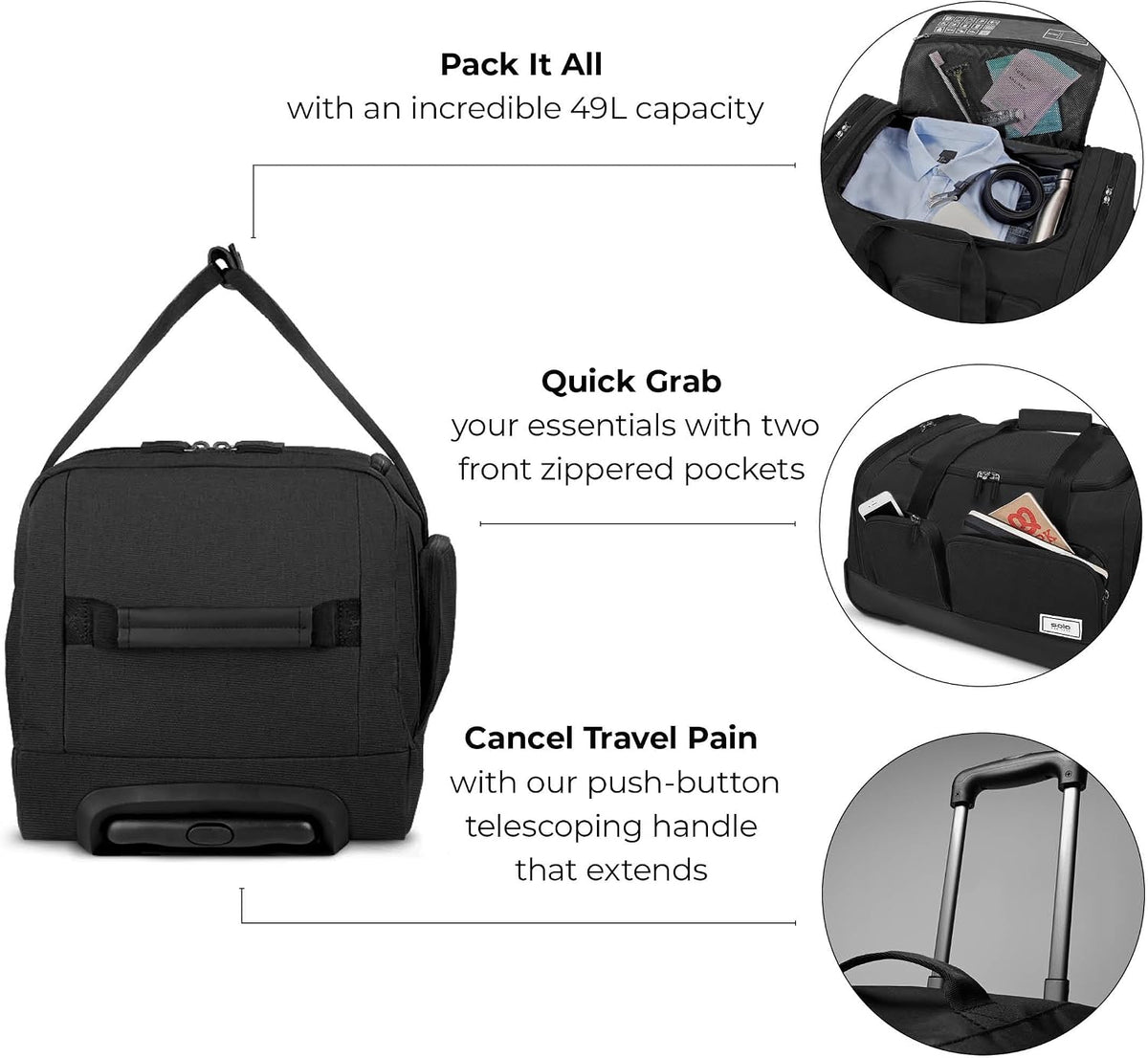 Rolling Duffle Bag with Wheels - Wheeled Carry On Luggage for Travel, Roller Duffel for Men & Women, Telescoping Handle System, Separate Shoe & Laundry Compartment - Leroy, Gray