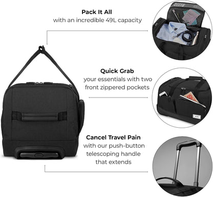 Rolling Duffle Bag with Wheels - Wheeled Carry On Luggage for Travel, Roller Duffel for Men & Women, Telescoping Handle System, Separate Shoe & Laundry Compartment - Leroy, Gray