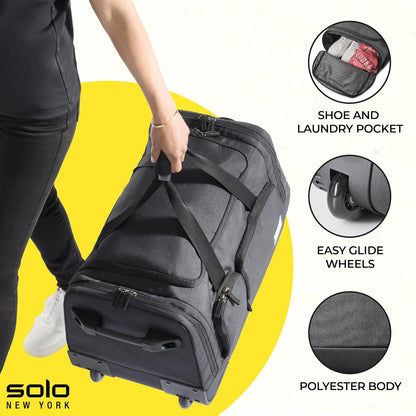 Rolling Duffle Bag with Wheels - Wheeled Carry On Luggage for Travel, Roller Duffel for Men & Women, Telescoping Handle System, Separate Shoe & Laundry Compartment - Leroy, Gray