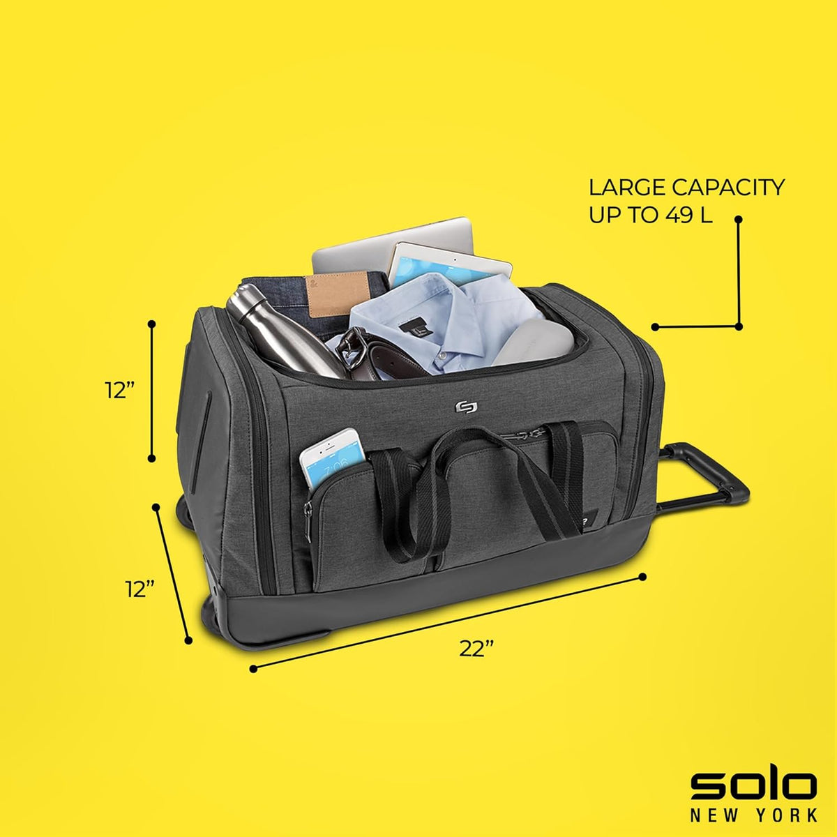 Rolling Duffle Bag with Wheels - Wheeled Carry On Luggage for Travel, Roller Duffel for Men & Women, Telescoping Handle System, Separate Shoe & Laundry Compartment - Leroy, Gray