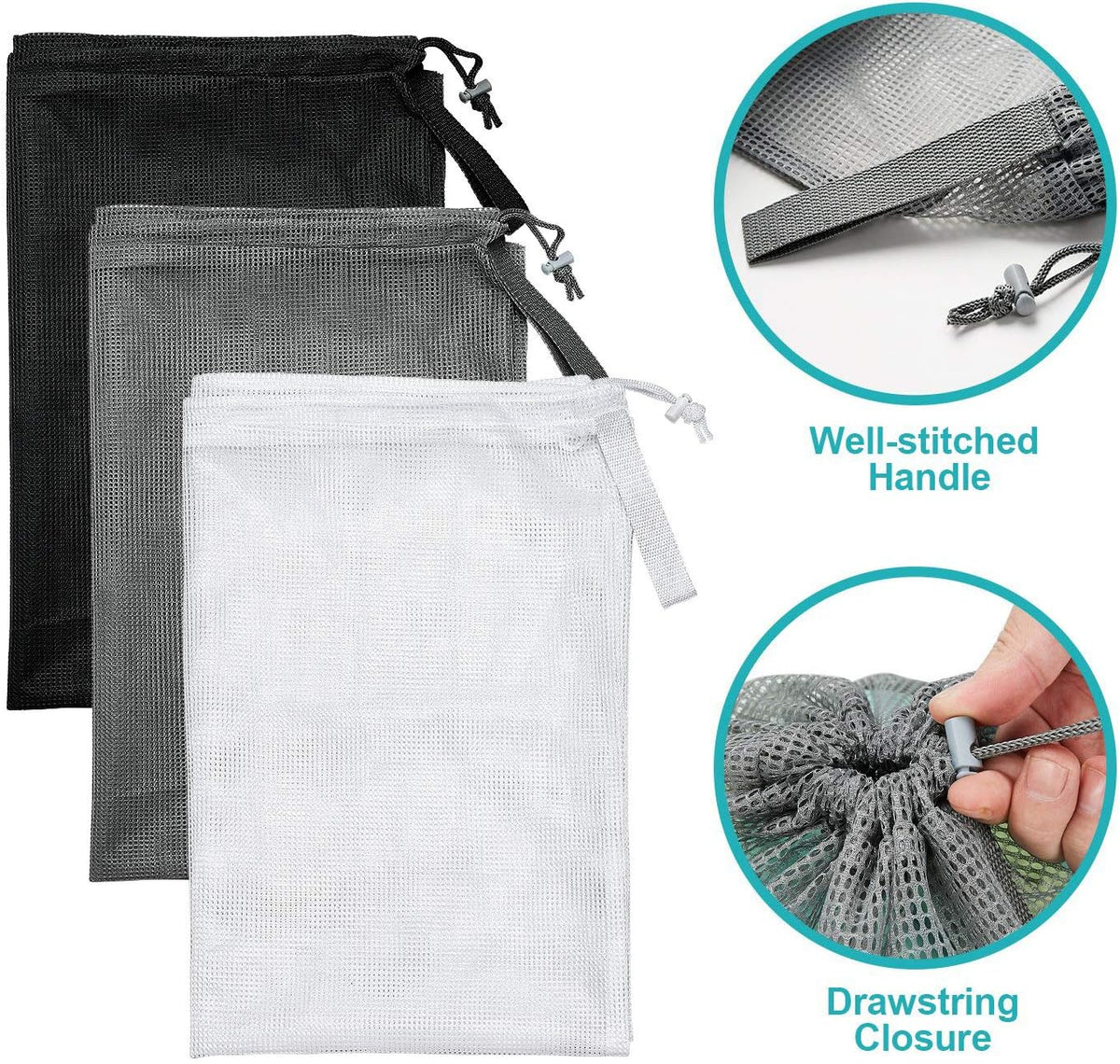 Mesh Laundry Bags with Adjustable Shoulder Strap, 24" x 36" Heavy Duty Nylon, Drawstring Closure, 3-Pack, Mixed Colors