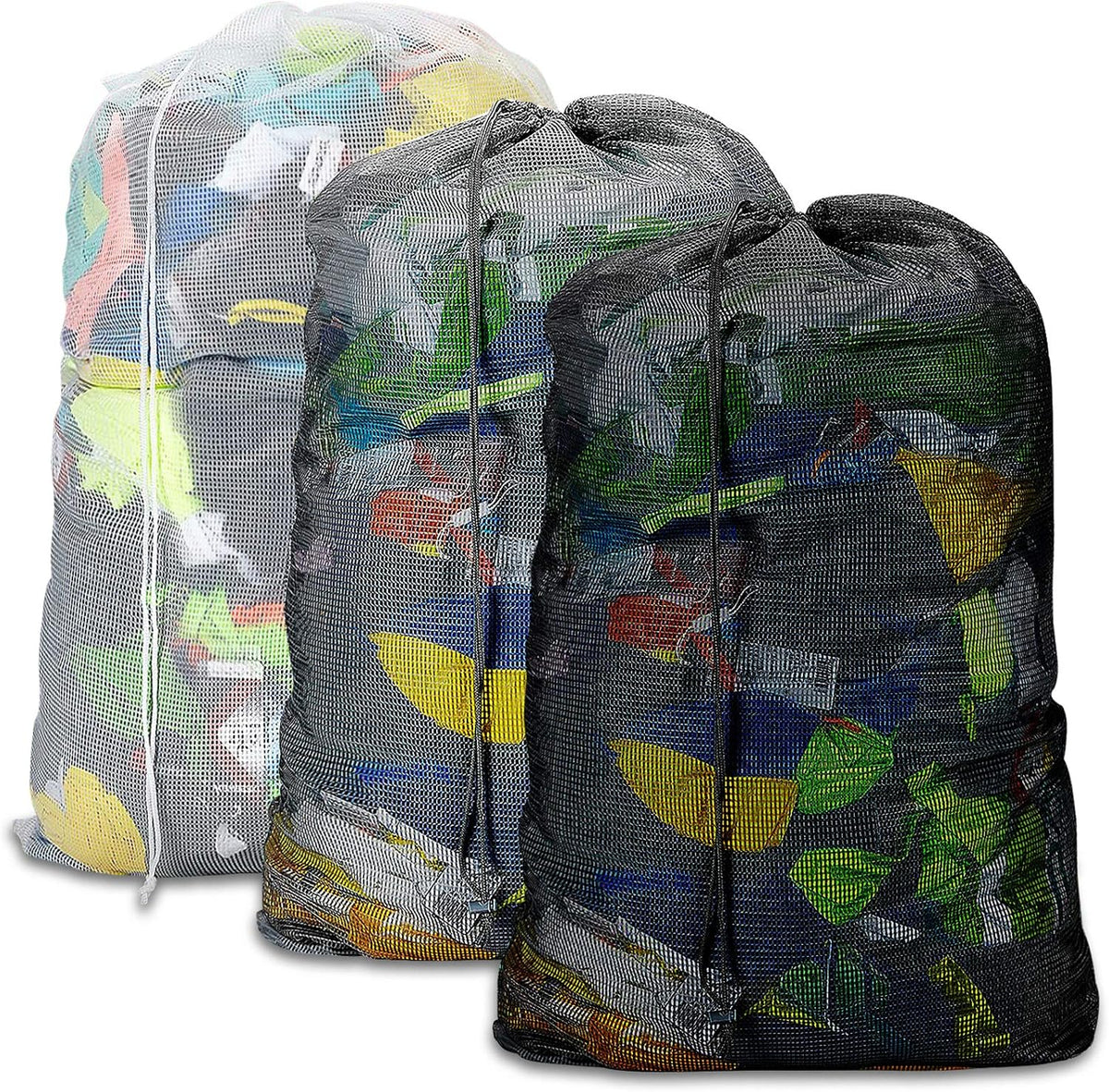 Mesh Laundry Bags with Adjustable Shoulder Strap, 24" x 36" Heavy Duty Nylon, Drawstring Closure, 3-Pack, Mixed Colors