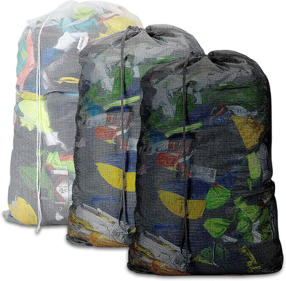 Mesh Laundry Bags with Adjustable Shoulder Strap, 24" x 36" Heavy Duty Nylon, Drawstring Closure, 3-Pack, Mixed Colors
