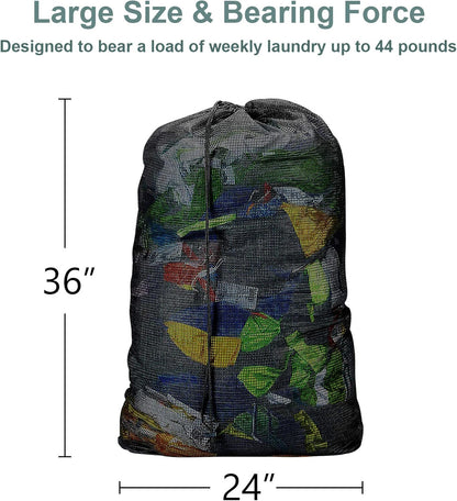 Mesh Laundry Bags with Adjustable Shoulder Strap, 24" x 36" Heavy Duty Nylon, Drawstring Closure, 3-Pack, Mixed Colors