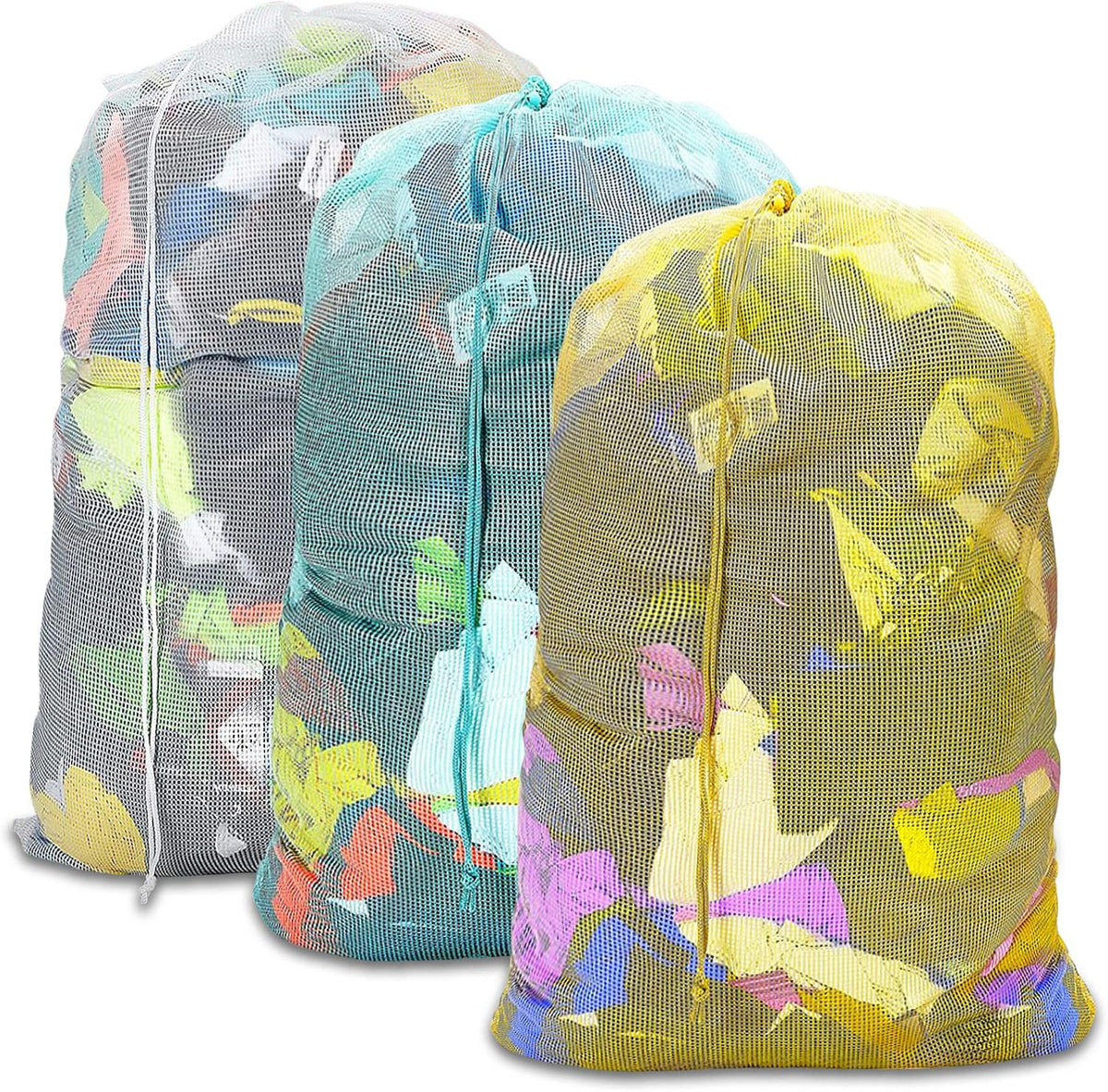 Mesh Laundry Bags with Adjustable Shoulder Strap, 24" x 36" Heavy Duty Nylon, Drawstring Closure, 3-Pack, Mixed Colors