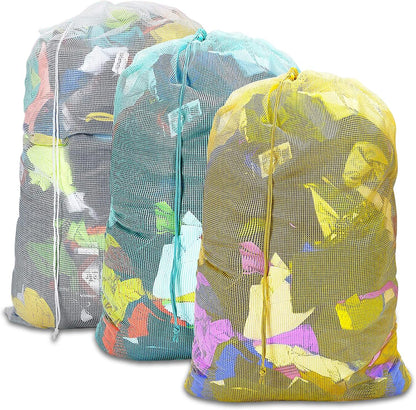 Mesh Laundry Bags with Adjustable Shoulder Strap, 24" x 36" Heavy Duty Nylon, Drawstring Closure, 3-Pack, Mixed Colors