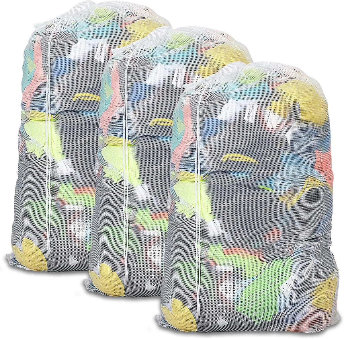 Mesh Laundry Bags with Adjustable Shoulder Strap, 24" x 36" Heavy Duty Nylon, Drawstring Closure, 3-Pack, Mixed Colors