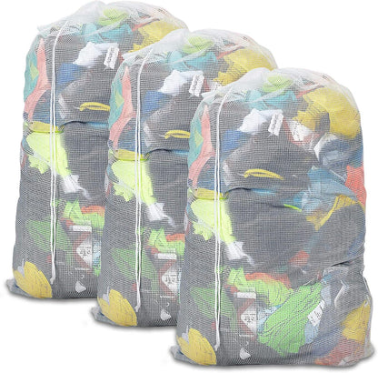 Mesh Laundry Bags with Adjustable Shoulder Strap, 24" x 36" Heavy Duty Nylon, Drawstring Closure, 3-Pack, Mixed Colors