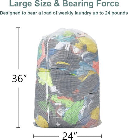 Mesh Laundry Bags with Adjustable Shoulder Strap, 24" x 36" Heavy Duty Nylon, Drawstring Closure, 3-Pack, Mixed Colors