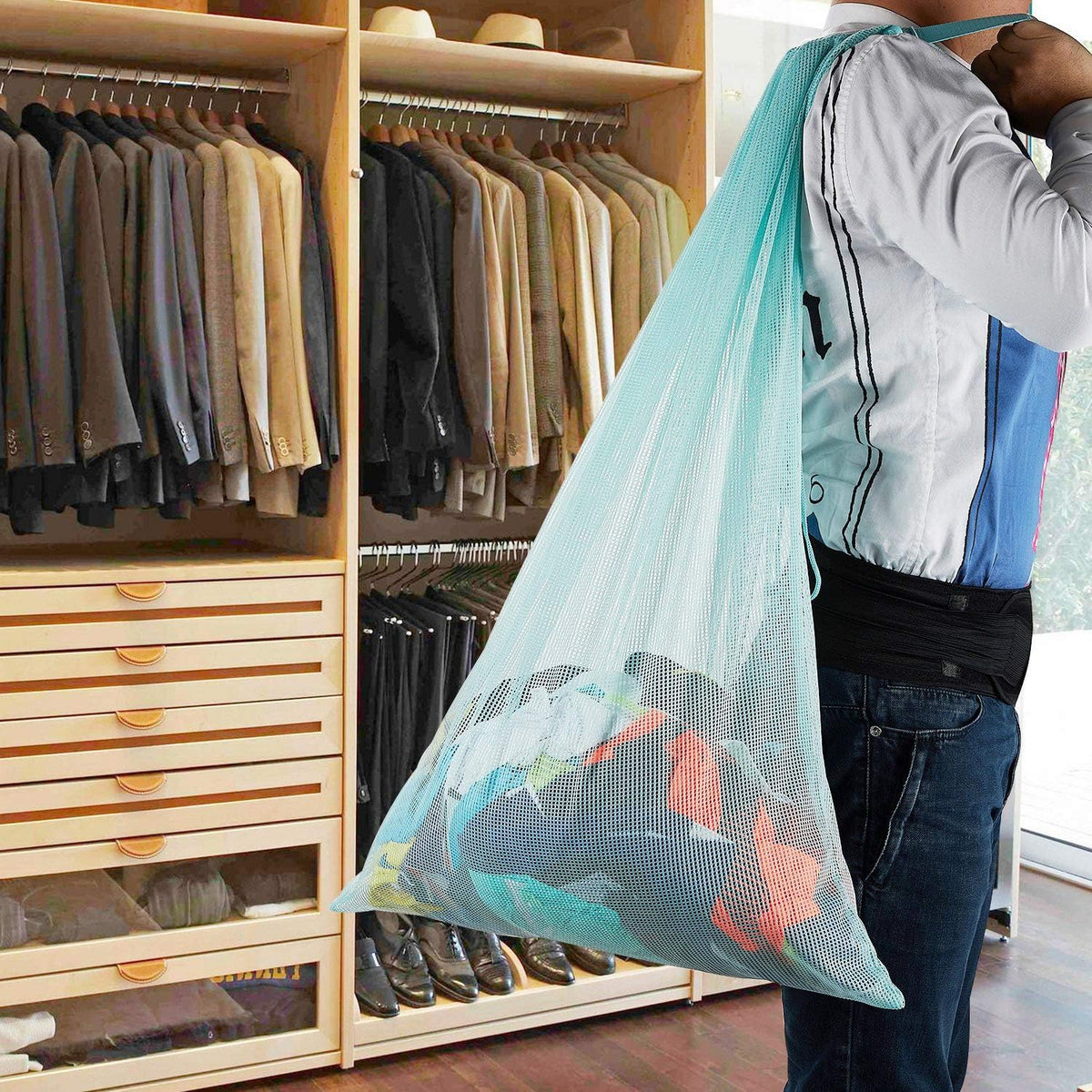 Mesh Laundry Bags with Adjustable Shoulder Strap, 24" x 36" Heavy Duty Nylon, Drawstring Closure, 3-Pack, Mixed Colors