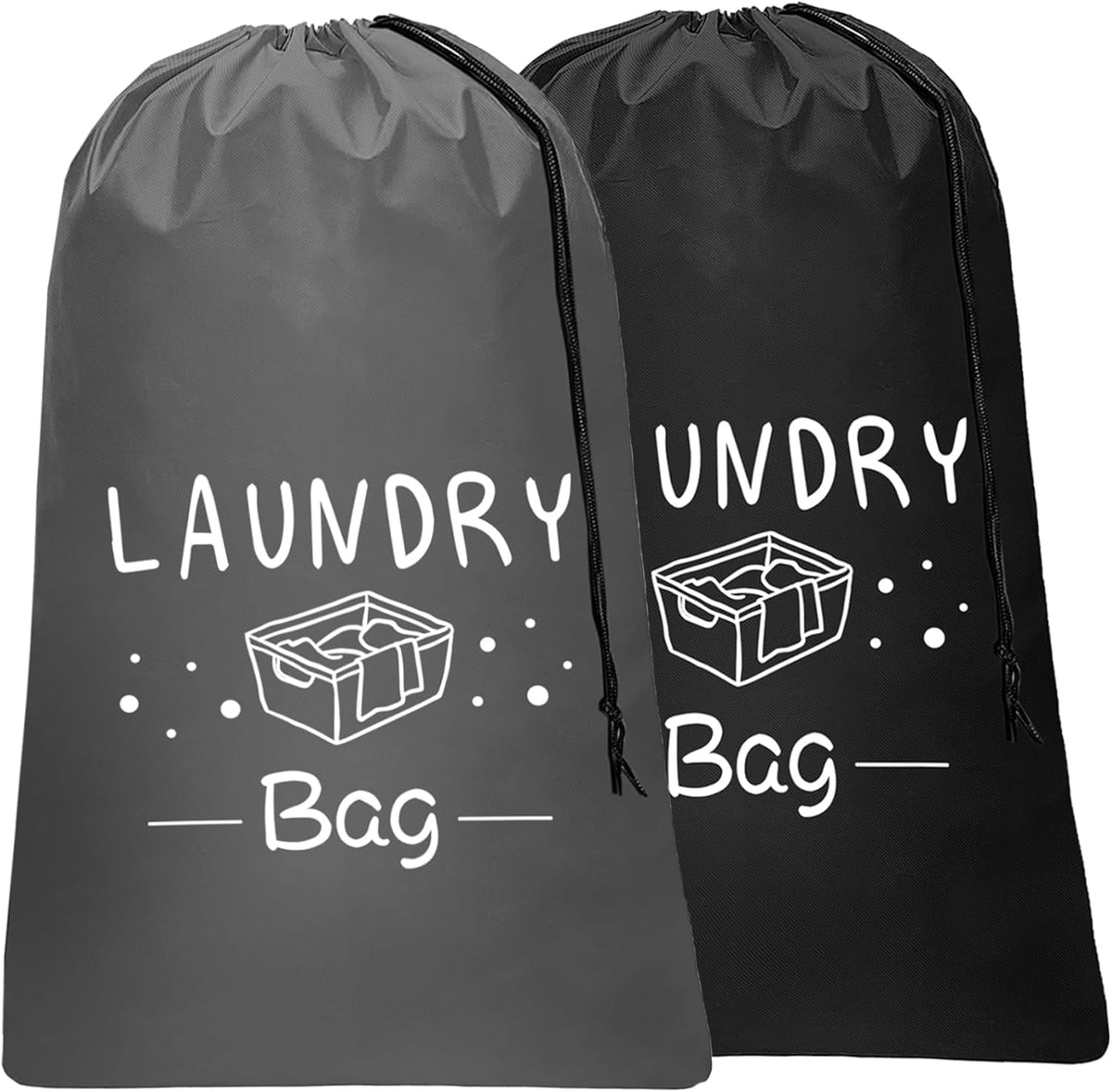 2 Pack Extra Large Travel Laundry Bag, Dirty Clothes Organizer with Drawstring,Heavy Duty Travel Laundry Bags,Easy Fit a Laundry Hamper Travel Essentials (Black+Grey, 24" x 36")