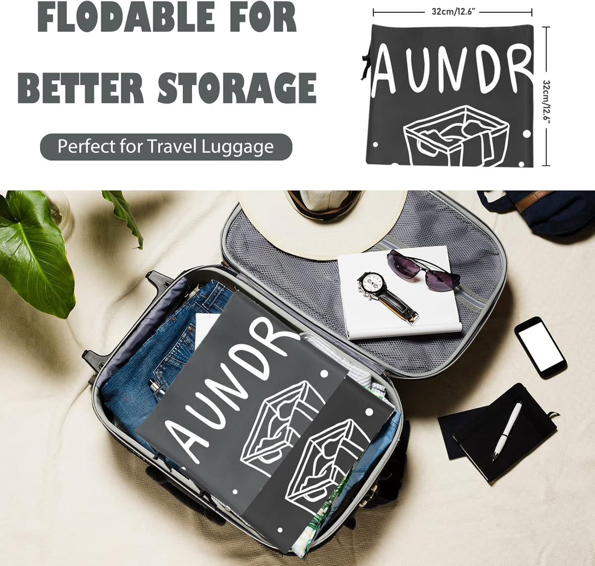 2 Pack Extra Large Travel Laundry Bag, Dirty Clothes Organizer with Drawstring,Heavy Duty Travel Laundry Bags,Easy Fit a Laundry Hamper Travel Essentials (Black+Grey, 24" x 36")