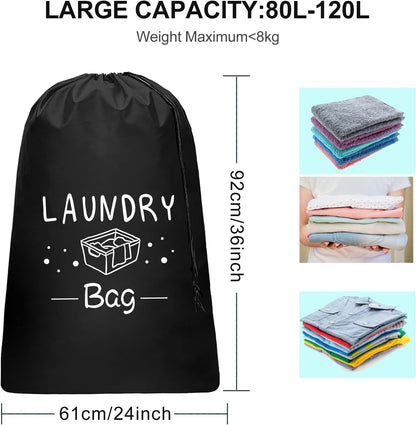2 Pack Extra Large Travel Laundry Bag, Dirty Clothes Organizer with Drawstring,Heavy Duty Travel Laundry Bags,Easy Fit a Laundry Hamper Travel Essentials (Black+Grey, 24" x 36")