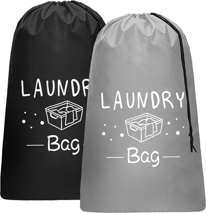 2 Pack Extra Large Travel Laundry Bag, Dirty Clothes Organizer with Drawstring,Heavy Duty Travel Laundry Bags,Easy Fit a Laundry Hamper Travel Essentials (Black+Grey, 24" x 36")