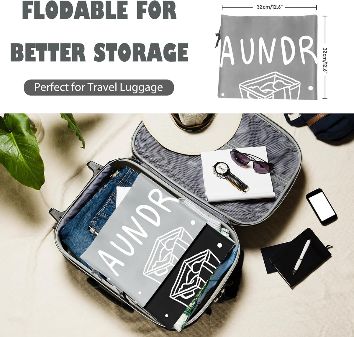 2 Pack Extra Large Travel Laundry Bag, Dirty Clothes Organizer with Drawstring,Heavy Duty Travel Laundry Bags,Easy Fit a Laundry Hamper Travel Essentials (Black+Grey, 24" x 36")