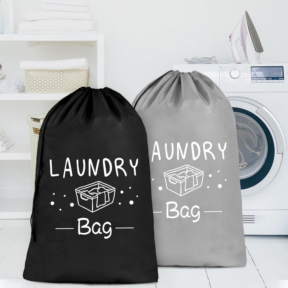 2 Pack Extra Large Travel Laundry Bag, Dirty Clothes Organizer with Drawstring,Heavy Duty Travel Laundry Bags,Easy Fit a Laundry Hamper Travel Essentials (Black+Grey, 24" x 36")
