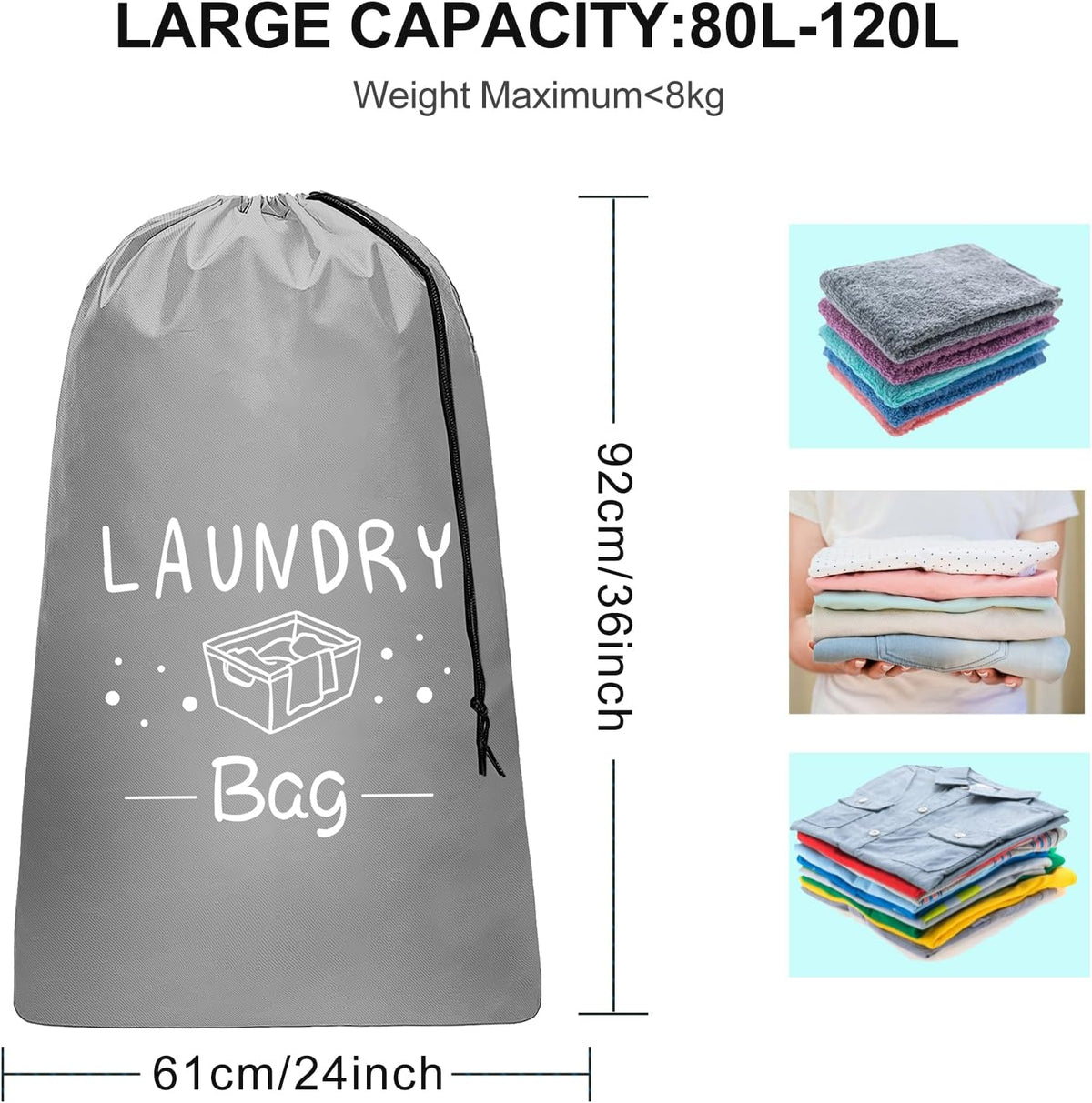 2 Pack Extra Large Travel Laundry Bag, Dirty Clothes Organizer with Drawstring,Heavy Duty Travel Laundry Bags,Easy Fit a Laundry Hamper Travel Essentials (Black+Grey, 24" x 36")