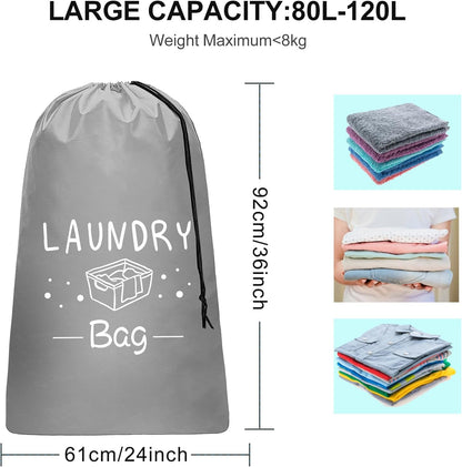 2 Pack Extra Large Travel Laundry Bag, Dirty Clothes Organizer with Drawstring,Heavy Duty Travel Laundry Bags,Easy Fit a Laundry Hamper Travel Essentials (Black+Grey, 24" x 36")