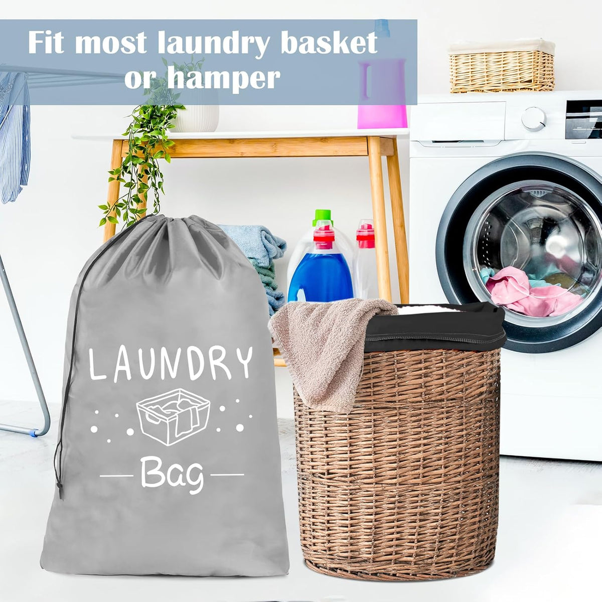 2 Pack Extra Large Travel Laundry Bag, Dirty Clothes Organizer with Drawstring,Heavy Duty Travel Laundry Bags,Easy Fit a Laundry Hamper Travel Essentials (Black+Grey, 24" x 36")