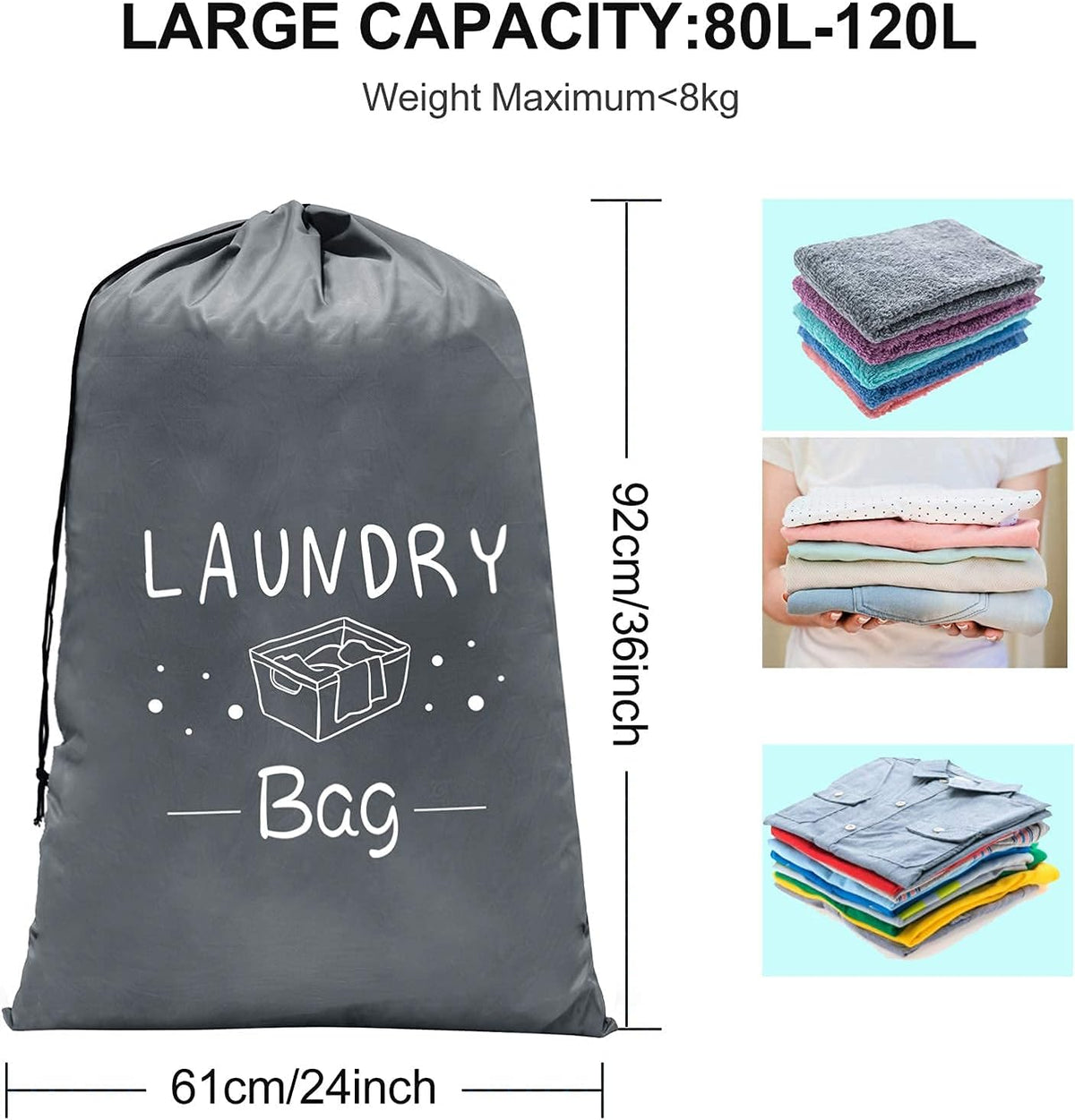 2 Pack Extra Large Travel Laundry Bag, Dirty Clothes Organizer with Drawstring,Heavy Duty Travel Laundry Bags,Easy Fit a Laundry Hamper Travel Essentials (Black+Grey, 24" x 36")