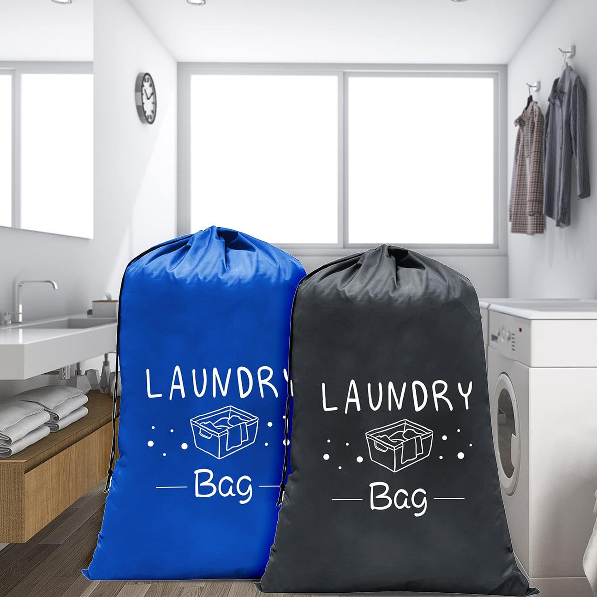 2 Pack Extra Large Travel Laundry Bag, Dirty Clothes Organizer with Drawstring,Heavy Duty Travel Laundry Bags,Easy Fit a Laundry Hamper Travel Essentials (Black+Grey, 24" x 36")