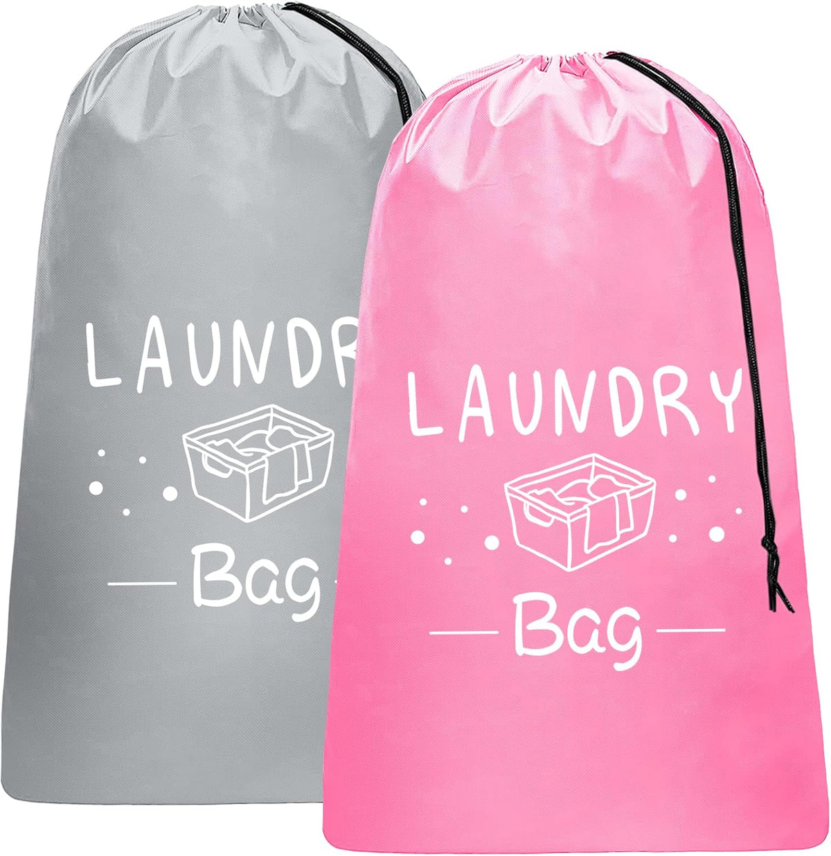 2 Pack Extra Large Travel Laundry Bag, Dirty Clothes Organizer with Drawstring,Heavy Duty Travel Laundry Bags,Easy Fit a Laundry Hamper Travel Essentials (Black+Grey, 24" x 36")