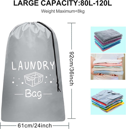 2 Pack Extra Large Travel Laundry Bag, Dirty Clothes Organizer with Drawstring,Heavy Duty Travel Laundry Bags,Easy Fit a Laundry Hamper Travel Essentials (Black+Grey, 24" x 36")