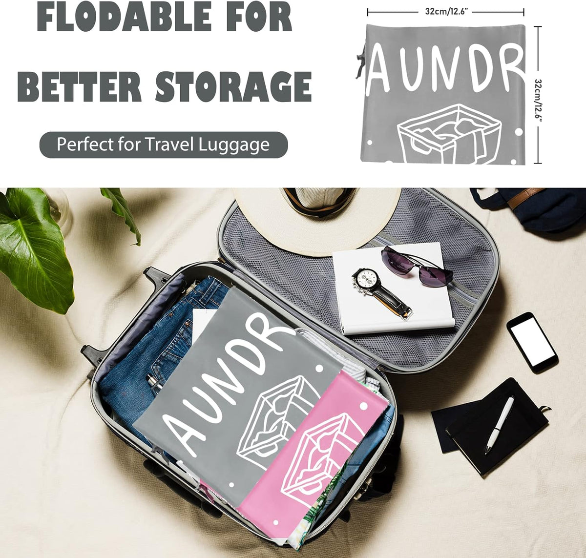 2 Pack Extra Large Travel Laundry Bag, Dirty Clothes Organizer with Drawstring,Heavy Duty Travel Laundry Bags,Easy Fit a Laundry Hamper Travel Essentials (Black+Grey, 24" x 36")