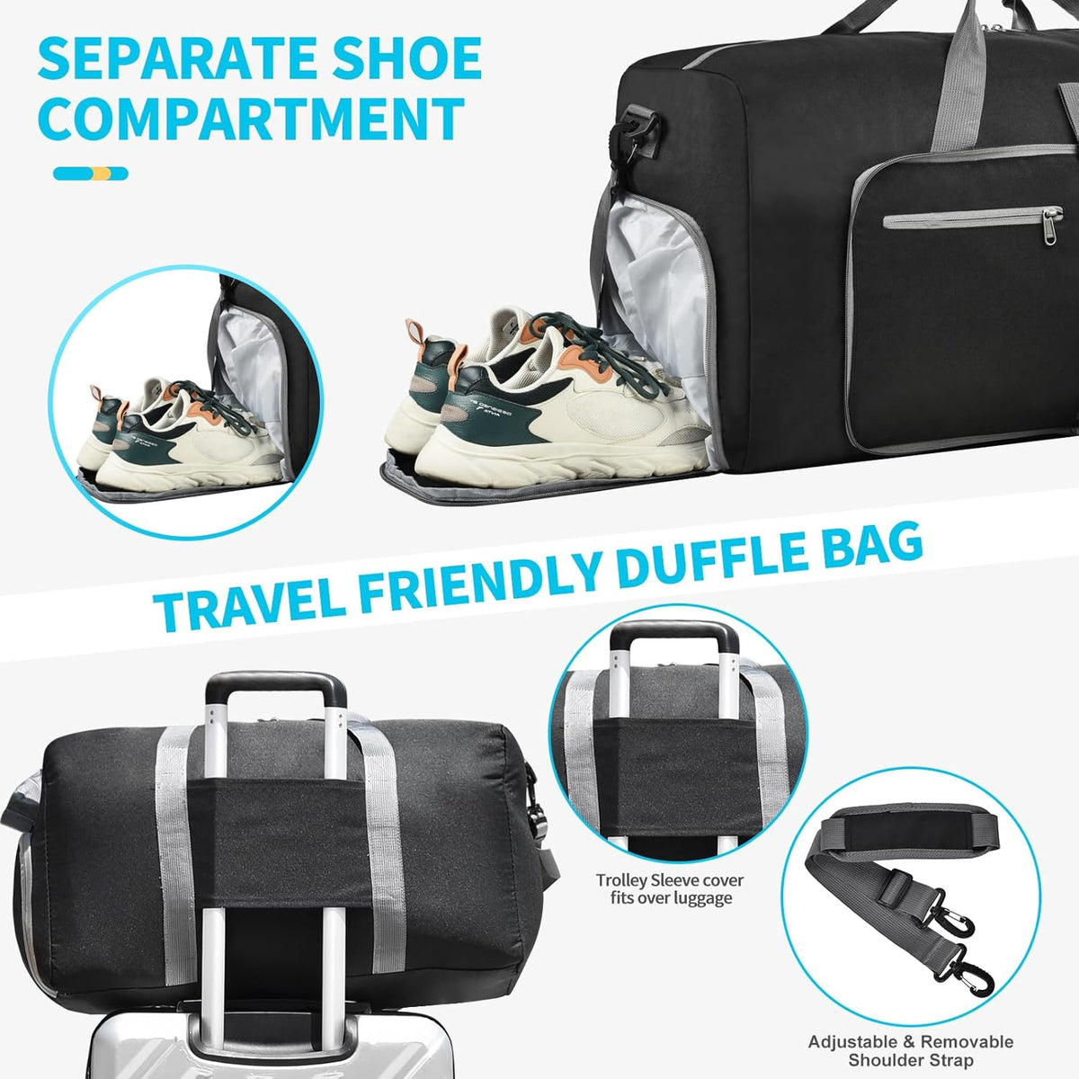 Duffle Bag with Shoes Compartment and Adjustable Strap,Foldable Travel Duffel Bags for Men Women,Waterproof Duffel Bags