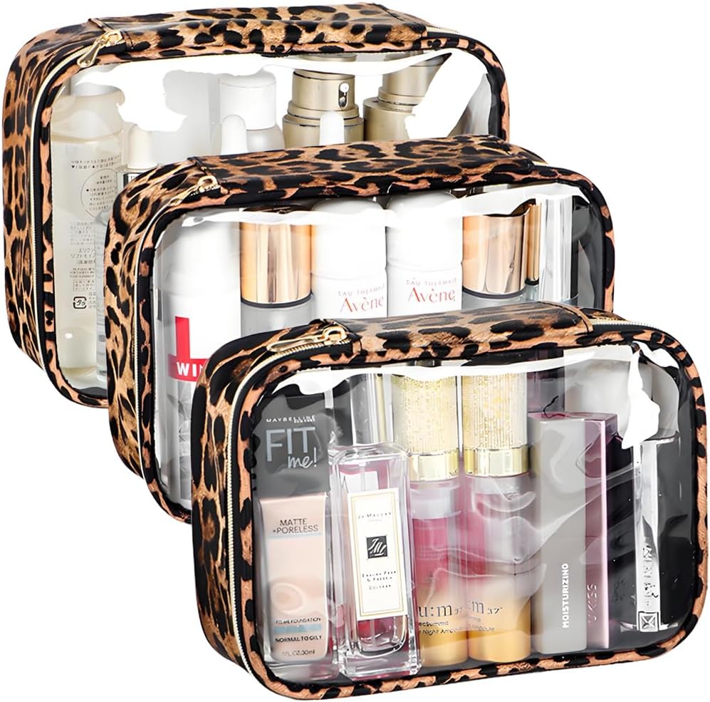 Clear TSA Approved Toiletry Bag - Leopard Clear Makeup Cosmetic Bag with Zipper, Travel Essential Organizer for Women, Ideal for Carry-on Luggage (3-Pack Large)