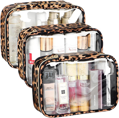 Clear TSA Approved Toiletry Bag - Leopard Clear Makeup Cosmetic Bag with Zipper, Travel Essential Organizer for Women, Ideal for Carry-on Luggage (3-Pack Large)